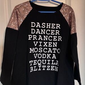 NWOT mBlack and Gold Sequin Christmas Reindeer as Wine Pun Ugly Christmas Top